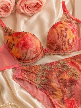 DaiRuiYa Women 2Pc Floral Lace Underwire 34C Bra Sz Large Panty Set Coral Peach